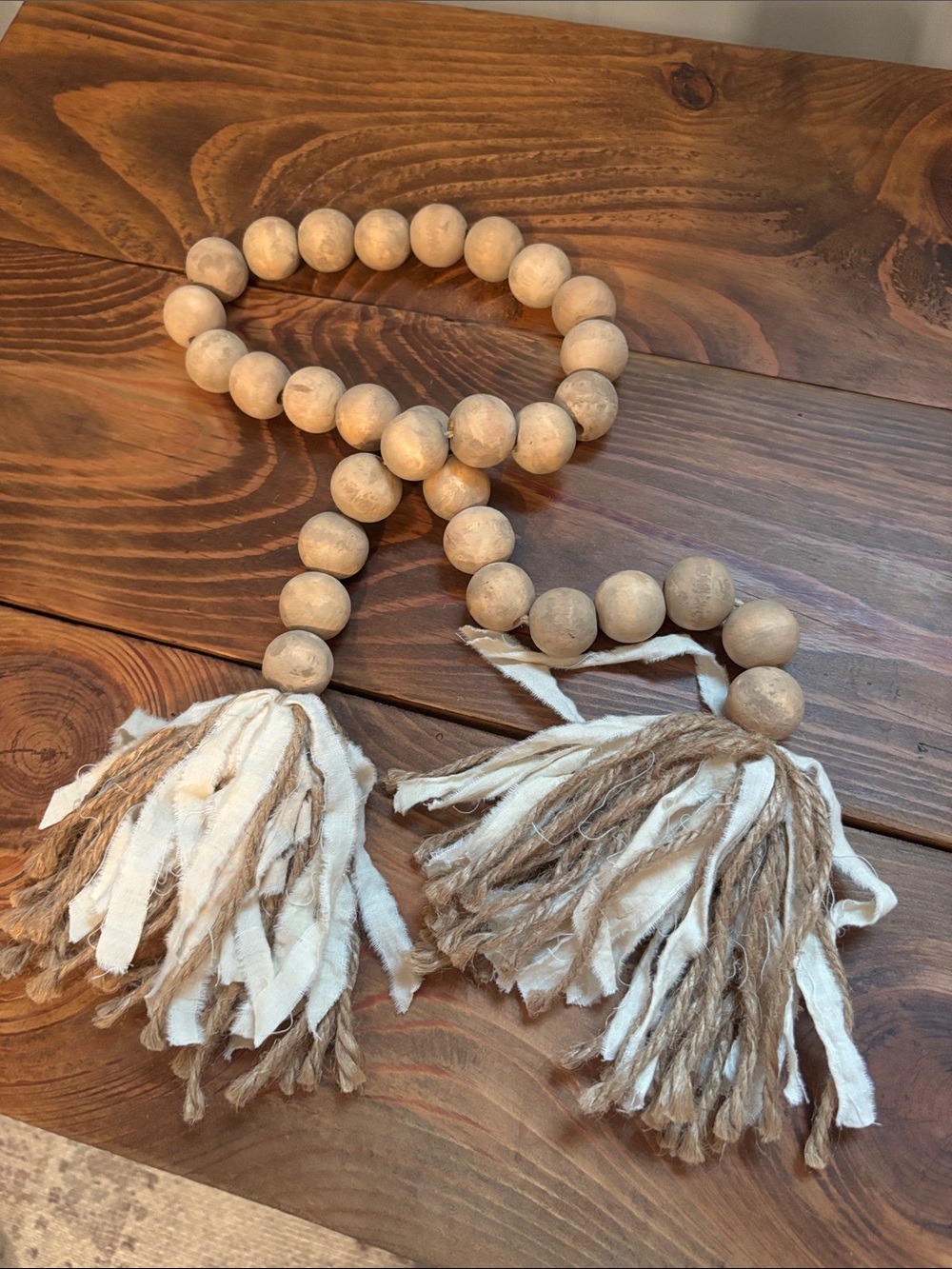 Unbranded Neutral Wood Bead Hair Accessory with Cream & Tan Tassels